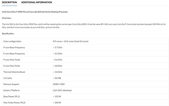Specifiche elencate della CPU desktop Intel Core Ultra 9 290K Plus. (Fonte immagine: PrimeABGB)