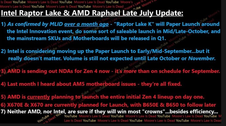 MLID fa trapelare informazioni su Raptor Lake e sulla data di uscita dello Zen 4. (Fonte: MLID)