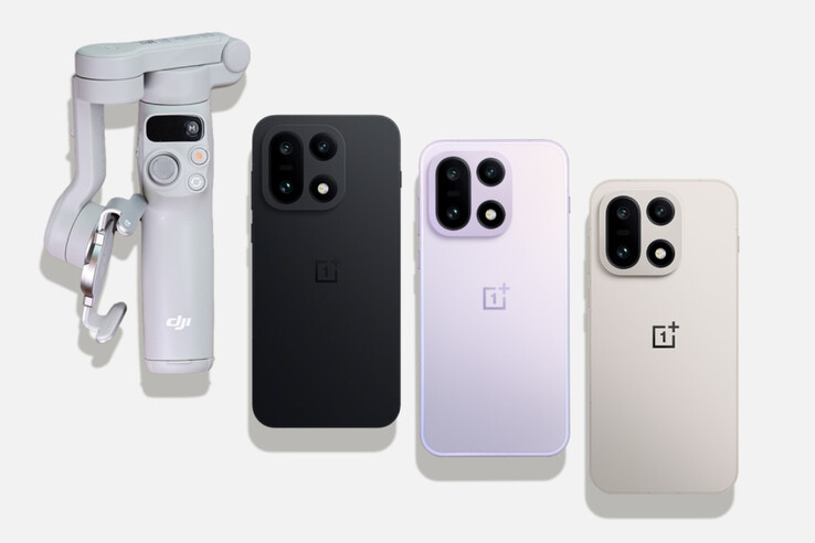 Il OnePlus 15 nei suoi tre colori di lancio globali con un DJI Osmo Mobile 7. (Fonte: OnePlus)