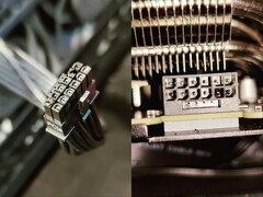 Un cavo PSU 12VHPWR bruciato e il connettore di alimentazione sulla GPU. (Fonte immagine: Roachard su Reddit. Modificato)