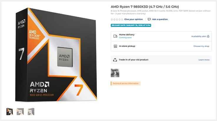 Annuncio di Ryzen 7 9850X3D. (Fonte immagine: LDLC)