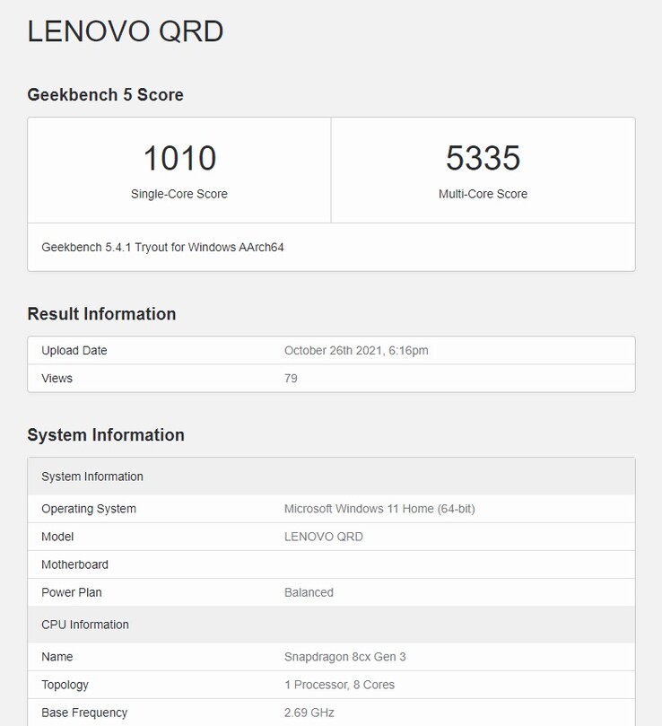 Un QRD basato sulle caratteristiche dell'8cx Gen 3 su Geekbench, di nuovo. (Fonte: Geekbench)