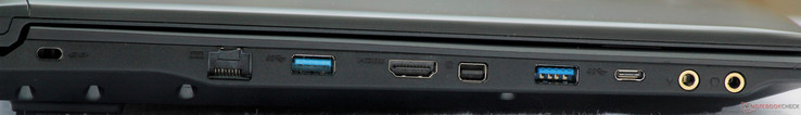 A sinistra: blocco Kensington, Ethernet, USB 3.0, HDMI 2.0, mini-DisplayPort 1.4, USB 3.0, USB 3.1 Gen 1 Type-C, ingresso microfono, uscita audio