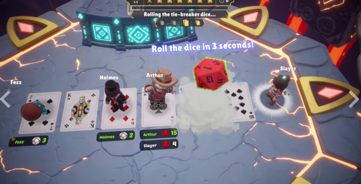 Gameplay multiplayer di "One Last Hand" che mostra le carte e il lancio dei dadi per lo spareggio
