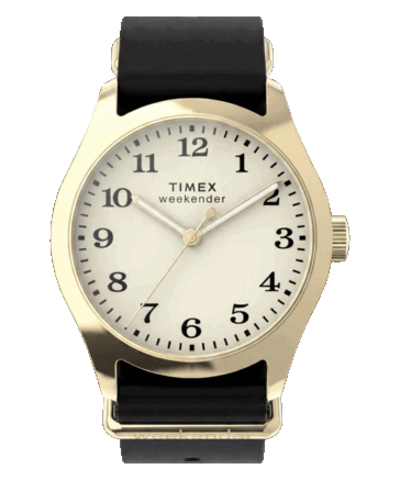 Timex Weekender New England TW2Y86600 con cassa color oro da 34 mm, quadrante color crema e cinturino in pelle nera.