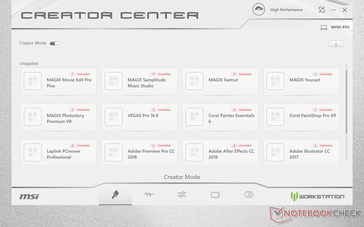 Il software Creator Center è equivalente al Dragon Center sui computer portatili della serie MSI G. Sono disponibili impostazioni ottimali preimpostate per una serie di programmi
