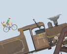 Gameplay di Happy Wheels che mostra un padre e un bambino in sella a una bicicletta mentre si dirigono verso una grande locomotiva su un percorso a ostacoli creato dall’utente.