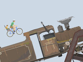 Gameplay di Happy Wheels che mostra un padre e un bambino in sella a una bicicletta mentre si dirigono verso una grande locomotiva su un percorso a ostacoli creato dall’utente.