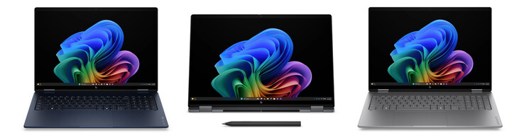 L'OmniBook X Flip 16 nelle finiture Atmospheric Blue, Eclipse Grey e Meteor Silver, da sinistra a destra.