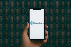Smartphone con Clearview AI, database di volti sullo sfondo (Fonte immagine: AI-generated)