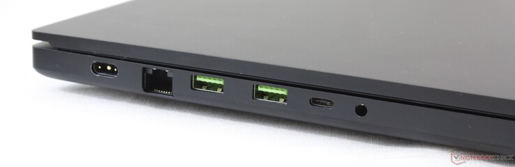 A sinistra: alimentazione AC, 2.5 Gbit RJ-45, 2x USB 3.2 Gen. 2, USB-C 3.2 Gen. 2, jack da 3.5 mm audio combinato