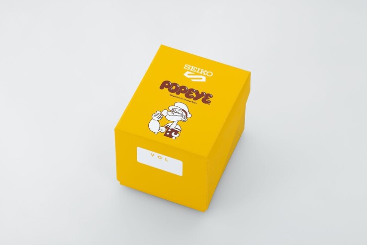 Confezione da esposizione in edizione speciale di colore giallo per il Seiko 5 Sports x Popeye HDB013, con il marchio Popeye e le illustrazioni dedicate all’anniversario.