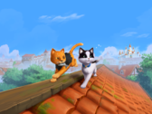Immagine promozionale principale per *The Missing Tail*, che raffigura il gatto reale e il gatto randagio mentre esplorano insieme un villaggio.