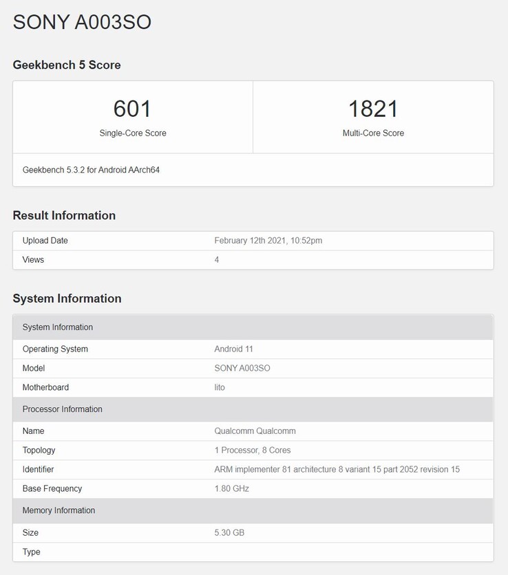 Il presunto benchmark dell'Xperia 10 III. (Fonte Immagine: via Sumahoinfo)