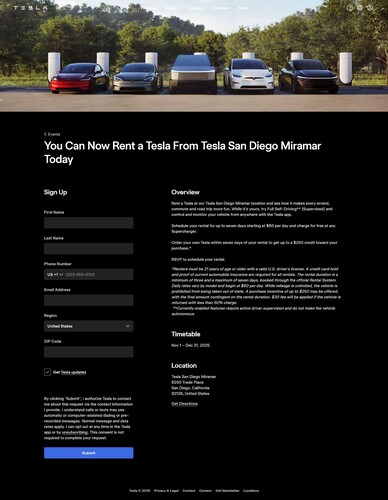 Tesla si dedica al noleggio: Diversi modelli, tra cui il Cybertruck, possono essere noleggiati in California per un massimo di una settimana, con FSD e ricarica gratuita. (Fonte: Tesla)