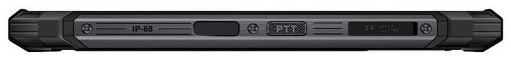 Lato destro: sensore di impronte digitali, pulsante "push-to-talk", slot per scheda SD/SIM