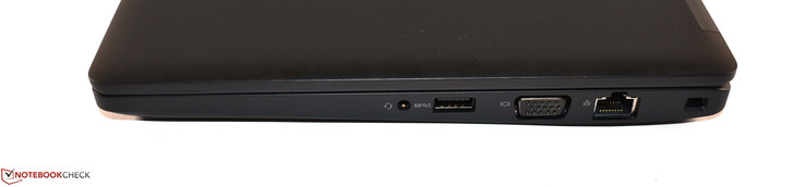 Destra: audio combo, USB 3.0 Type A, VGA, RJ45 Ethernet, Noble lock