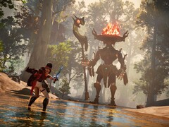 Un'immagine che mostra un gigante e Brynn in Eternal Strands.