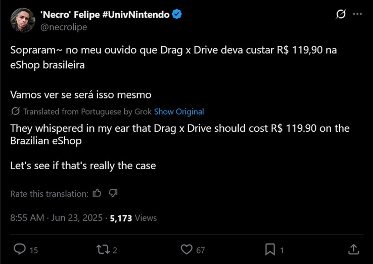 post di 'Necro Felipe' X sul prezzo di Drag x Drive (Fonte immagine: account 'Necro' Felipe X)