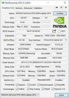 GeForce RTX 3050 GPU-Z estratta dal Dell Inspiron 16 7610. Si notino i tagli significativi alle TMU e alla larghezza del bus di memoria nonostante l'elevato numero di shader unificati