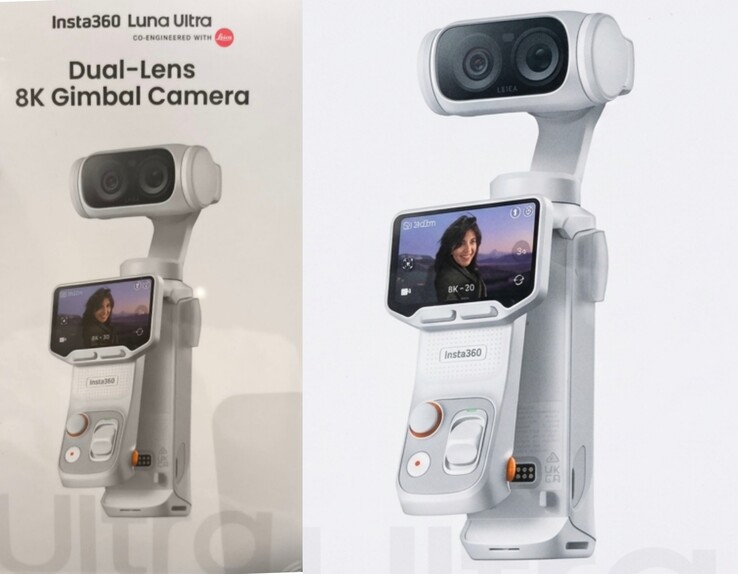 Scatola originale di Insta360 Luna Ultra (a sinistra) e immagine ravvicinata potenziata dall'AI (a destra).
