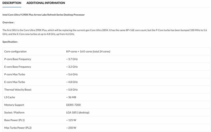Gli annunci di prodotto trapelati in precedenza per la CPU Core Ultra 9 290K Plus indicavano clock di boost più elevati.
