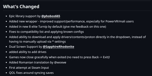 Una schermata che mostra il changelog della versione 0.7.1 di GameNative.