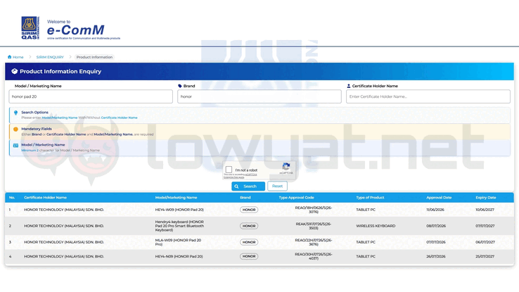 I tablet della serie Honor Pad 20 hanno ottenuto la certificazione SIRIM.