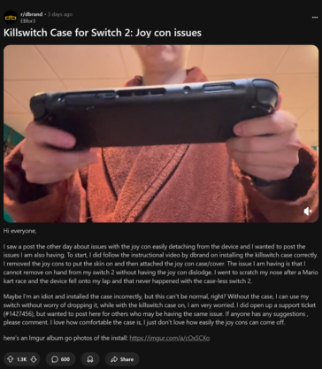 Problema di distacco dei Joy-Con di Killswitch Switch 2 (Fonte immagine: screenshot, dbrand subreddit)
