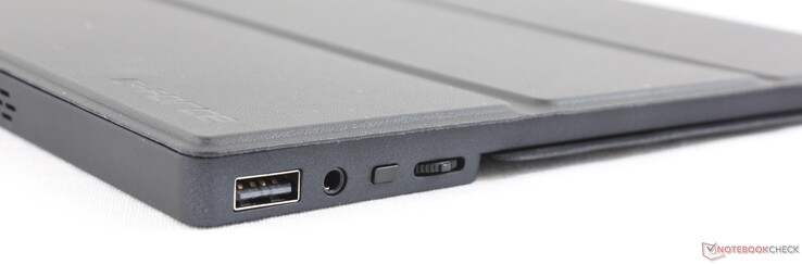 A destra: USB 2.0, uscita cuffie da 3.5 mm, Input switch/pulsante OSD, coontrollo Volume/luminosità