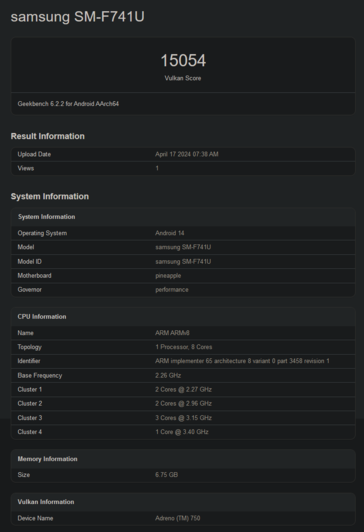 Galaxy Z Flip6 punteggi Vulkan (immagine via Geekbench)