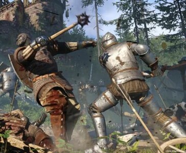 Combattimento ravvicinato in mischia in Kingdom Come: Deliverance con due cavalieri corazzati che combattono con armi medievali.