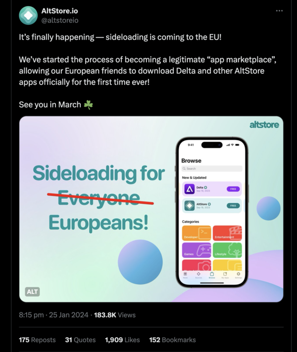 AltStore comunica che sta diventando un "mercato di app legittimo" (Fonte: AltStore via X)