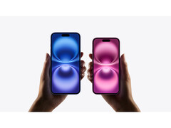 Un'immagine promozionale dell'iPhone 16 che mostra due paia di mani che tengono due varianti di colore diverse su uno sfondo grigio. (Fonte immagine: Apple)