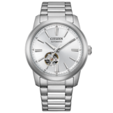 Orologio automatico Citizen NH9150-52A con quadrante argentato con finitura sunburst, finestrino a cuore aperto sopra le ore 6, cassa in acciaio inossidabile e bracciale abbinato.