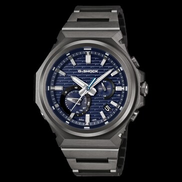 Vista frontale del G-Shock GST-B1000BD-2A con quadrante blu, cassa in acciaio inossidabile scuro e bracciale integrato.