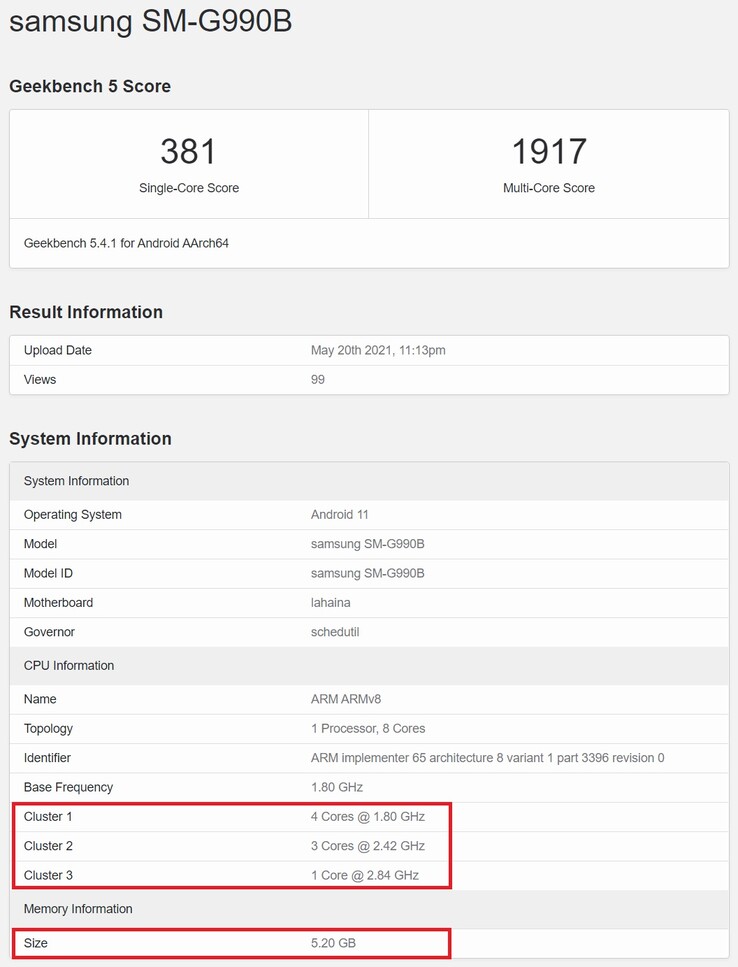 Samsung SM-G990B. (Fonte: Geekbench)