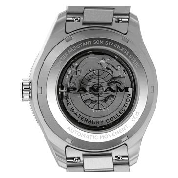 Vista posteriore dell’orologio Timex Pan Am Waterbury Automatic GMT, che mostra il fondello a vista e il movimento automatico.