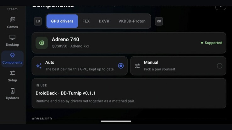 Le impostazioni del driver GPU di DroidDeck su un dispositivo Adreno 740. Fork sperimentali indipendenti stanno esplorando il supporto per la grafica PowerVR e Mali.