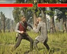 Il protagonista di Red Dead Redemption 2, Arthur Morgan, combatte contro un PNG in stile Mortal Kombat. (Fonte immagine: Blurbs su YouTube, screenshot)