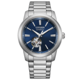 Orologio automatico Citizen NH9150-52L con quadrante blu a raggiera, apertura a cuore aperto, bracciale in acciaio inossidabile e lunetta lucida.