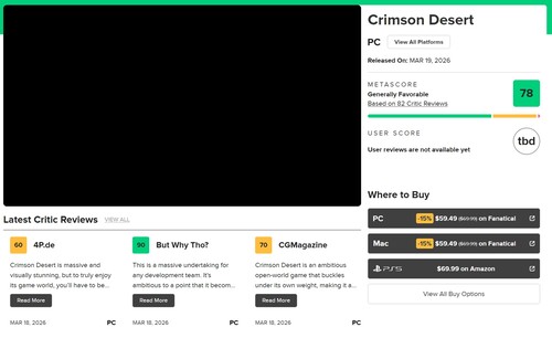 Metascore di Crimson Desert mostrato su Metacritic