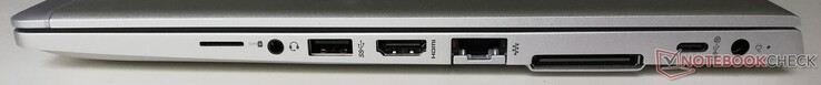 Lato destro: Slot per scheda SIM, jack audio combinato, 1x USB 3.1 Gen.1, HDMI, LAN, connettore docking, 1x USB 3.1 Typ-C, alimentatore