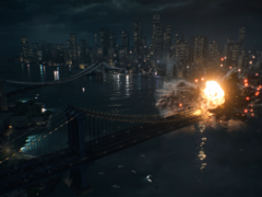 Uno screengrab del trailer ufficiale di Battlefield 6 che mostra un&#039;esplosione sul ponte di Manhattan (fonte: Battlefield YT)