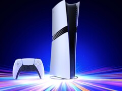 La console Sony PlayStation 5 Pro su un supporto verticale con un controller DualSense