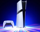La console Sony PlayStation 5 Pro su un supporto verticale con un controller DualSense