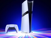 La console Sony PlayStation 5 Pro su un supporto verticale con un controller DualSense