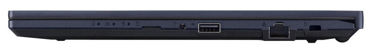 Lato destro: lettore di schede di memoria (MicroSD, opzionale), combo audio, USB 2.0 (USB-A), Gigabit Ethernet, slot per un blocco cavi