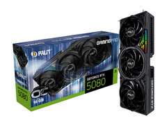 Un&#039;immagine promozionale con sfondo bianco che mostra una scatola per Palit RTX 5080 OC Gaming Pro con la scheda tenuta in verticale accanto ad essa. (Fonte immagine: Palit)