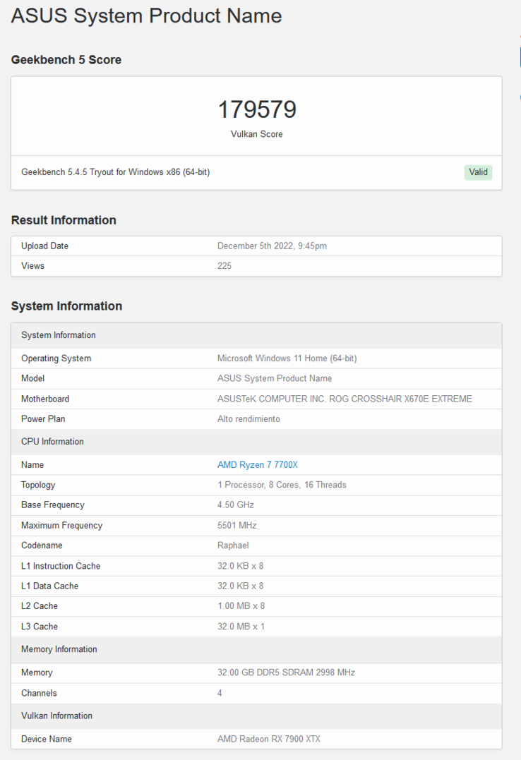 Punteggio Vulkan aggiornato di AMD Radeon RX 7900 XTX (immagine via Geekbench)